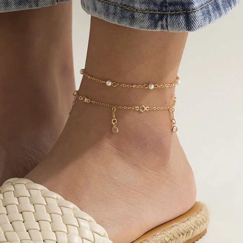 

2022 Trendy Fashion Minimalism Multi Layer Anklet For Women Bohemia Beach Vacation Simulated Pearls Bracelet on the Leg Jewelry