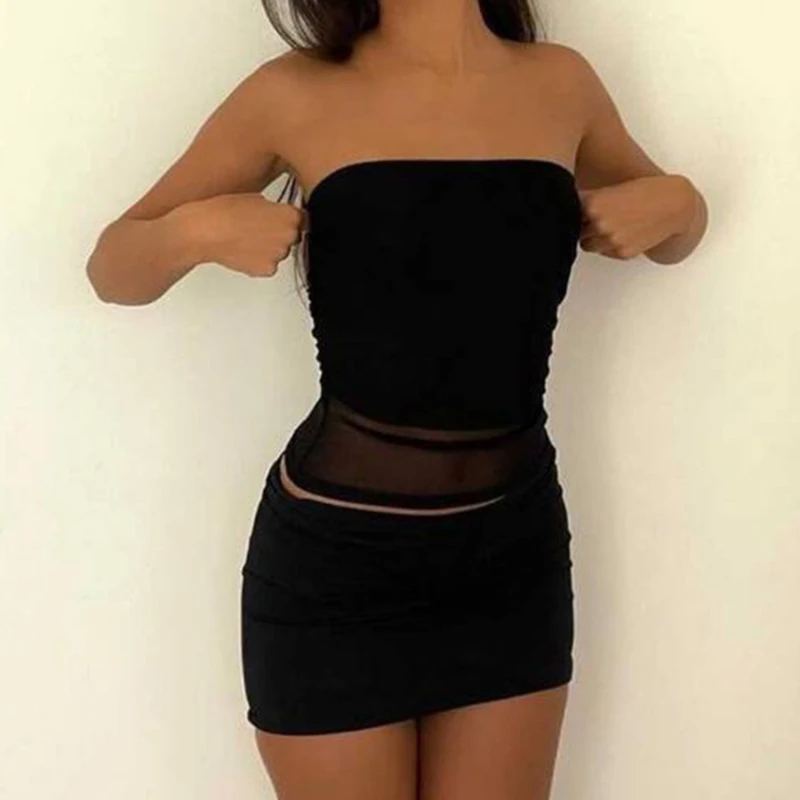 

Sexy Women Clothing 2 Pieces Set Summer Dress Bodycon Set Black Mesh Patchwork Tube Top And Mini Skirts For Lady