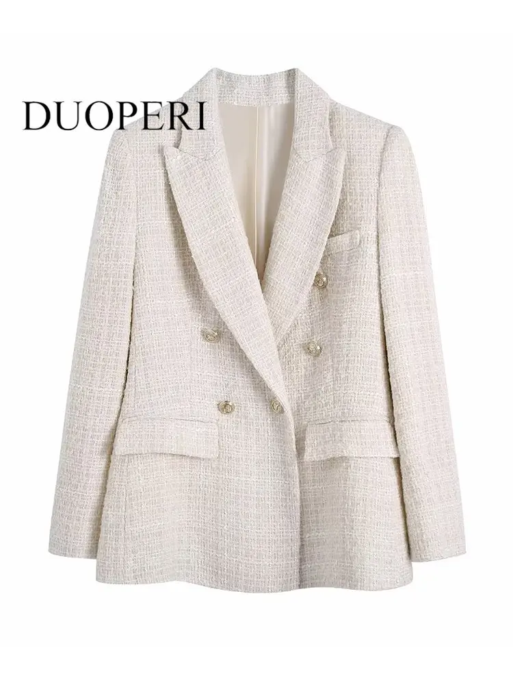 

DUOPERI Women Fashion With Pockets Texture Solid Double Breasted Blazer Vintage Long Sleeve Notched Neck Female Chic Lady Coat