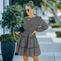 autumn winter womens a line dress new long sleeve o neck leopard printing office ladies floral fashion skirt vestidos de mujer