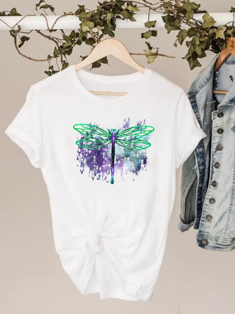 

Watercolor Dragonfly Style Cute Clothing Summer Top Fashion Short Sleeve Print T Shirt Tee Basic Graphic T-shirt Women Clothes