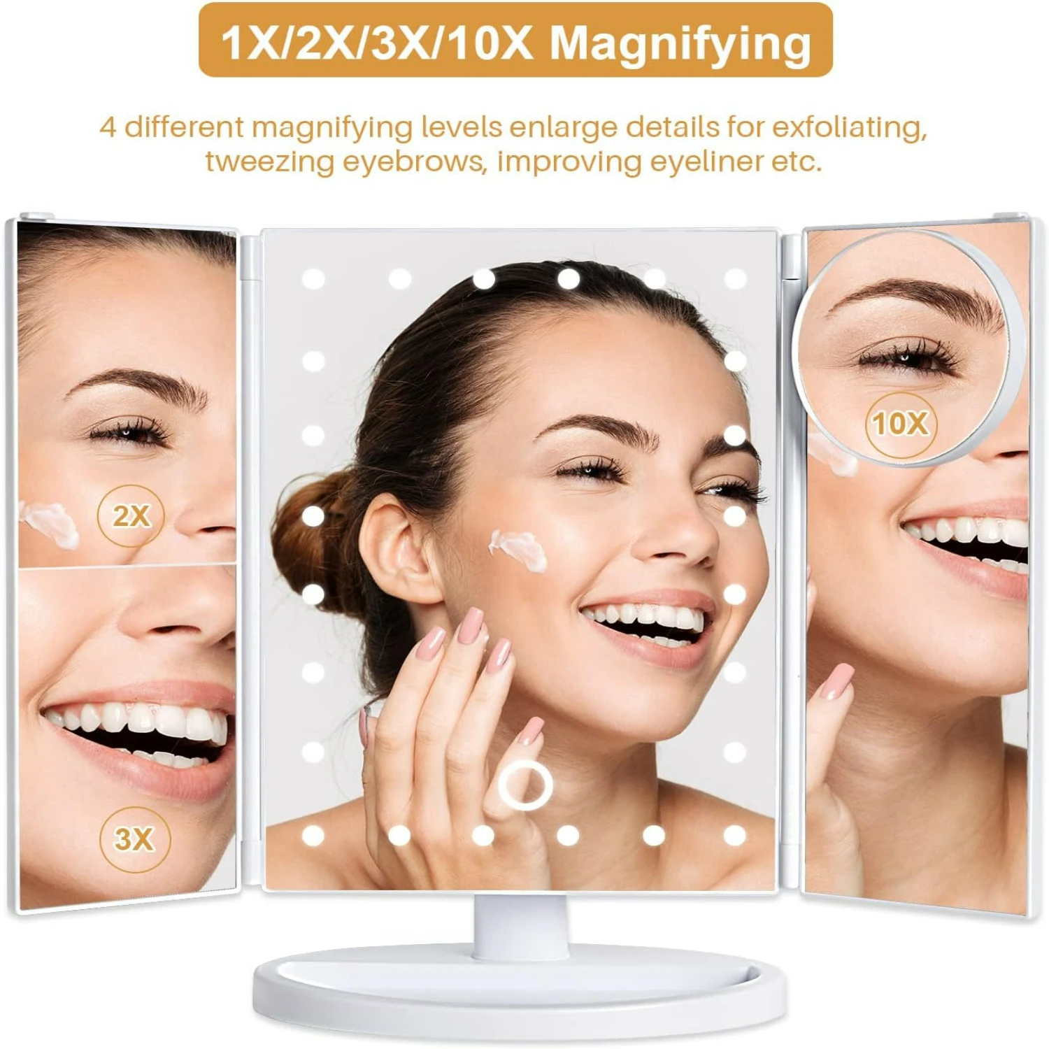 Портативное дорожное тройное косметическое зеркало со светодиодной подсветкой