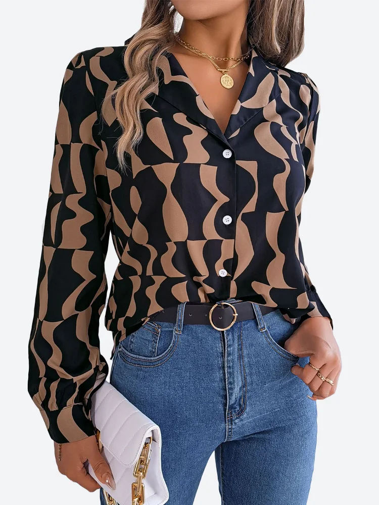 

Benuynffy Notched Neck Print Casual Button Up Women Shirts 2023 Spring Fall Long Sleeve Fashion Office Work Blouses Tops