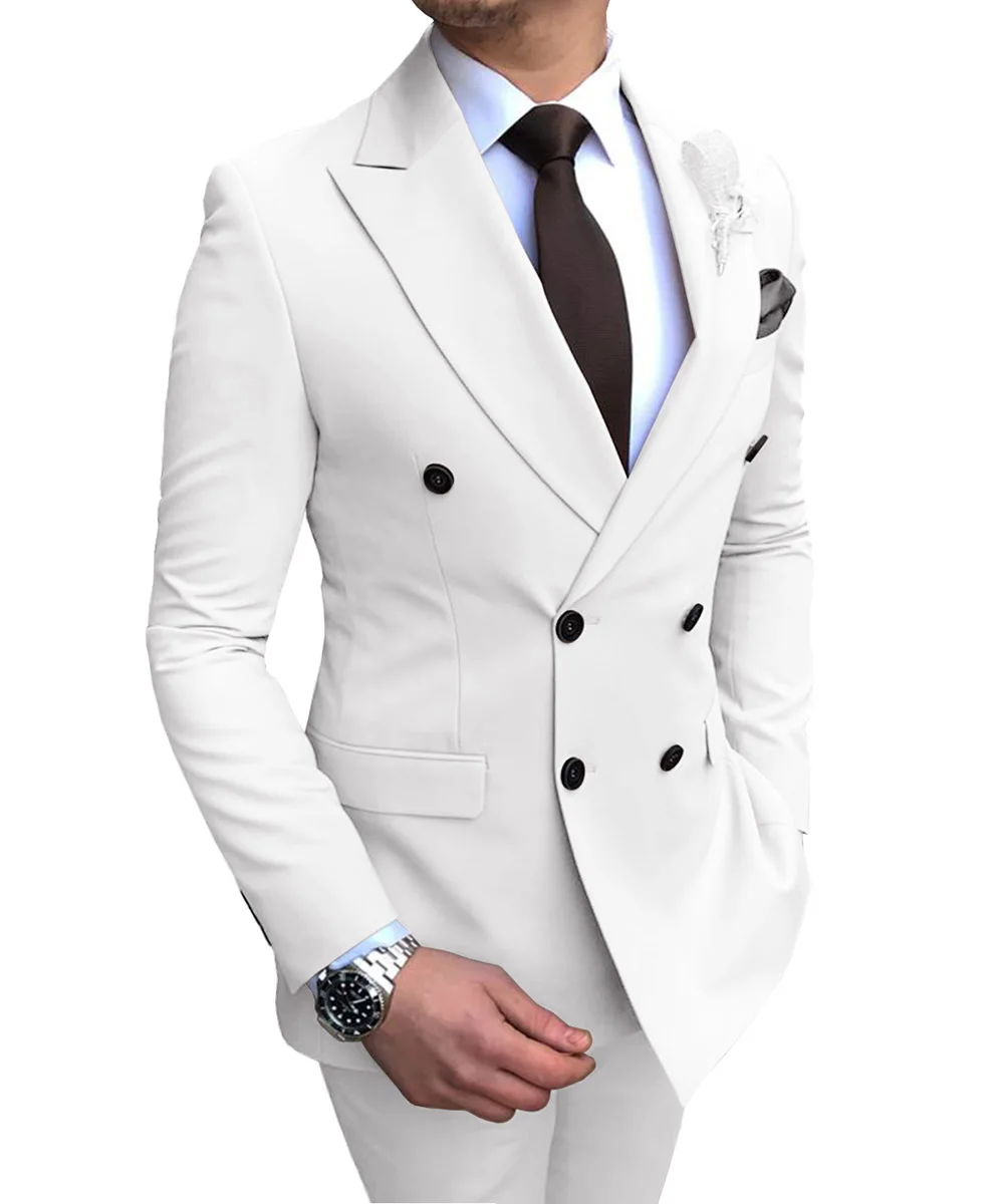 Men Suits 2Piece White Formal Groom Tuxedo for Wedding  Fashion Slim Fit  Male Jacket  with Black Pants
