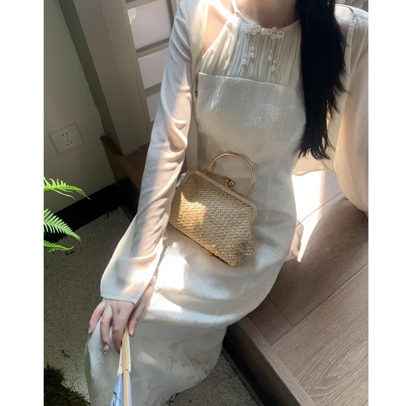 Новинка 2024 платье в китайском стиле Женский Летний шифоновый кардиган с шарфом и