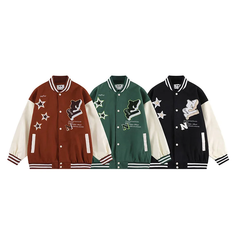 Men Baseball Jacket Streetwear Embrodiery Star Letter Leather Patchwork Varsity Bomber Jacket 2022 Autumn Casual Loose Coat Male