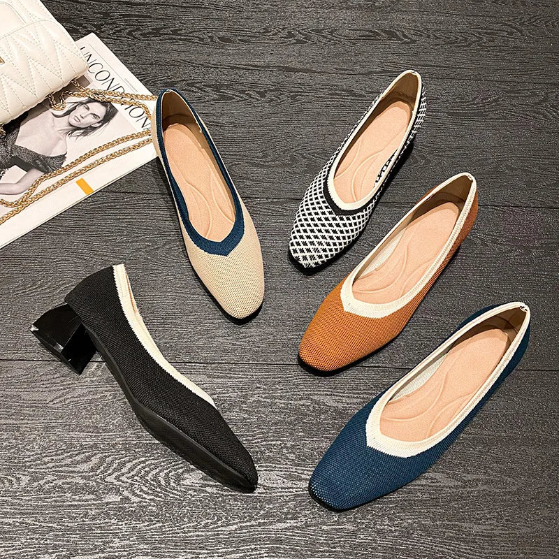 2022 Spring Summer Thick Heel Shoes Women's Square Head Shallow Mouth Princess Knitting Mid-heel Temperament Women's Pumps