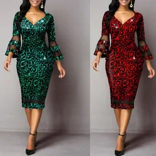 Spring 2022 New Elegant Women's Midi Dress Mesh Stitched Long Sleeve Printed Hip Wrap V-neck Sexy Dress (3)