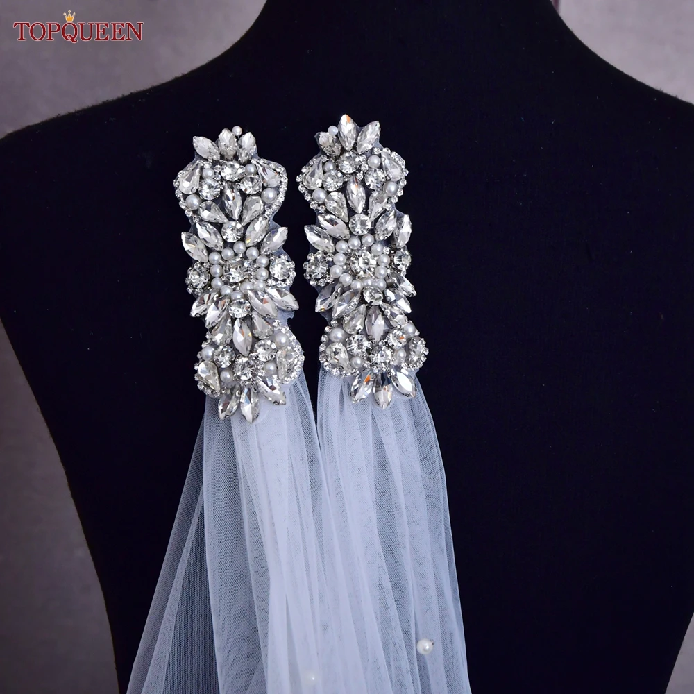 TOPQUEEN G64 Wedding Long Bridal Veils Bolero Jacket Trailing Pearl Cape Veil Cathedral Long Bridal Wrap with Beaded Pins