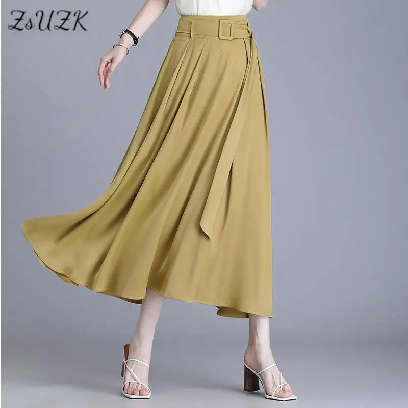 

ZUZK Summer Cool Long A-line Skirt Women New High Wasit Office Lady Wear Show Thin Temperament Fairy Skirts 3Colors