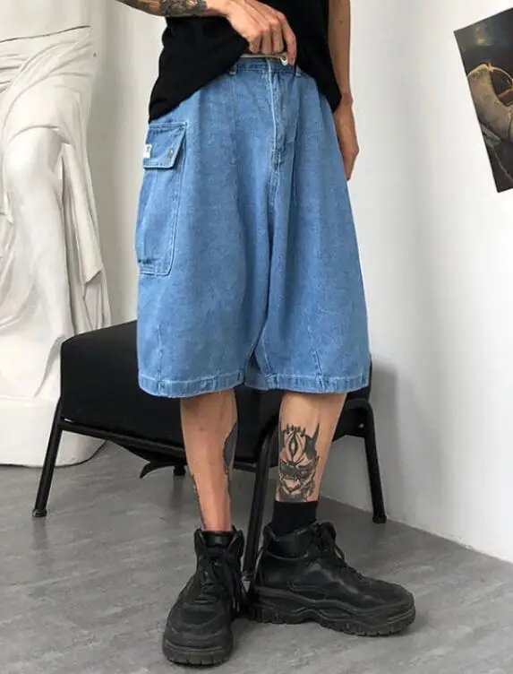 Tide Brand Hip-Hop Denim Shorts Men Summer Loose Straight Large Pocket Knee Length Jeans Men Casual Jeans