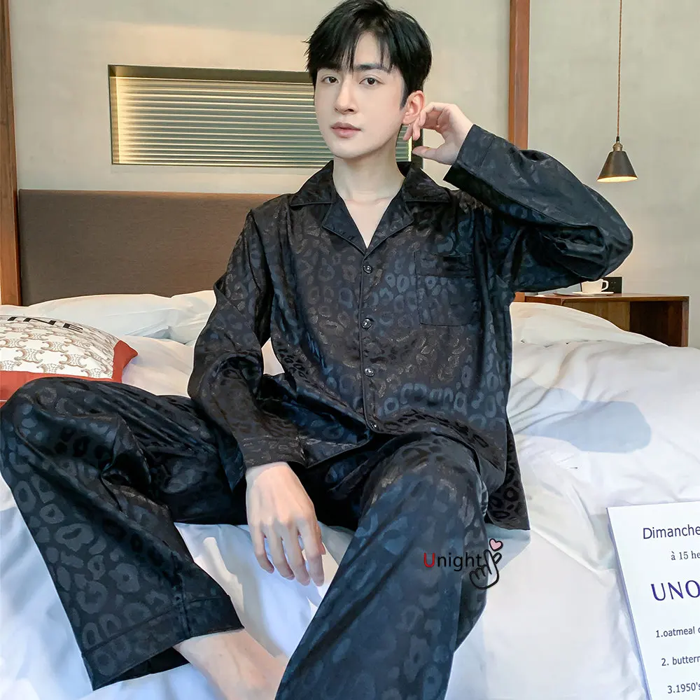 Men Silk Satin Pajamas Sets Long Sleeve Pyjamas Suit Sleepwear Pijama Men Loungewear Plus Size Set L-5XL Sleepwear Set