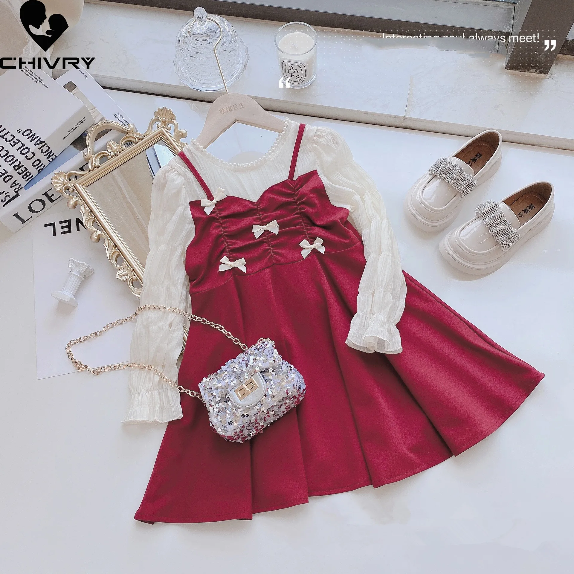 

Girls Dresses Spring Autumn 2022 Kids Baby Girls Long Sleeve Bowknot A-line Dress Fake Two Pieces Patchwork Princess Dresses
