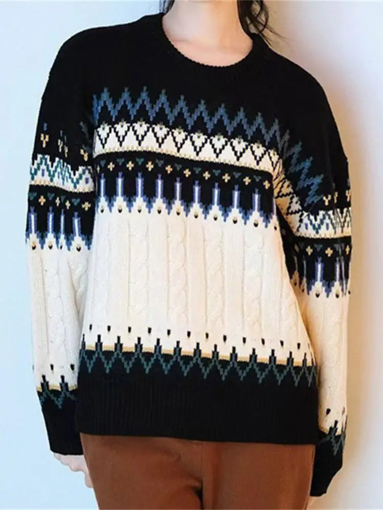 

Women Geometric Pattern Rough Wool Needle Jacquard Sweater 2022 Autumn Winter New Ladies Vintage Casual O-Neck Knitted Pullover