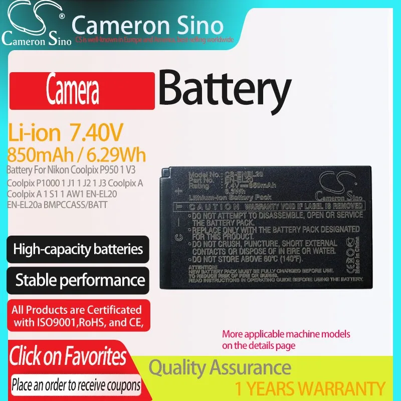 

CS Camera Battery for Blackmagic Design Pocket Cinema Camera Nikon Coolpix P950 P1000 1 V3 fits EN-EL20 EN-EL20a BMPCCASS/BATT