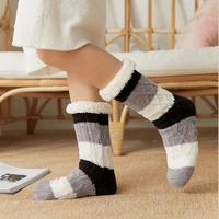 fuzzy slippers socks women warm plush bedroom silicone non slip grip soft female striped floor short sock christmas home indoor
