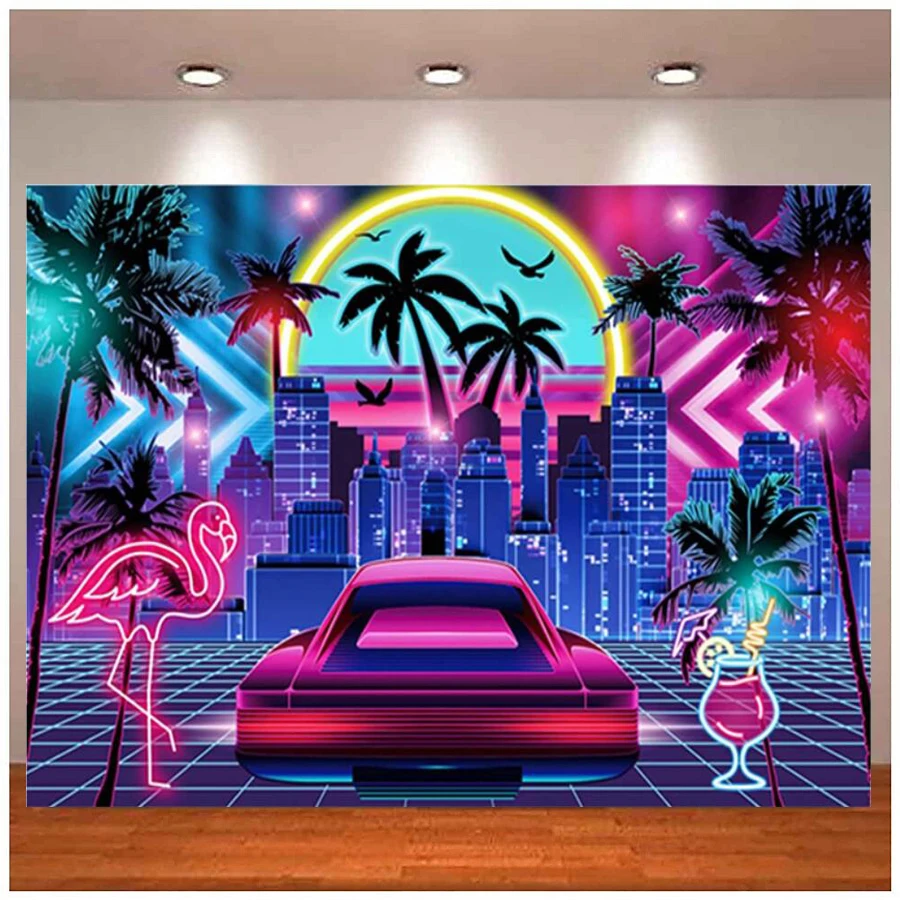 

Photography Backdrop For 80s Summer Disco Style Birthday Party Supplies Tropical Neon City Flamingo Palm Tree Decor Background