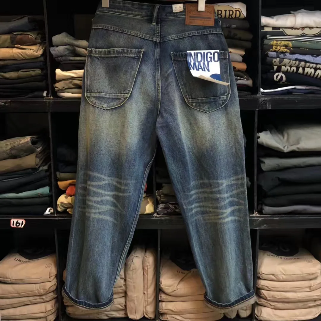 American-style washed old straight elastic heavy denim jeans men's Amikaji slim straight pants tide