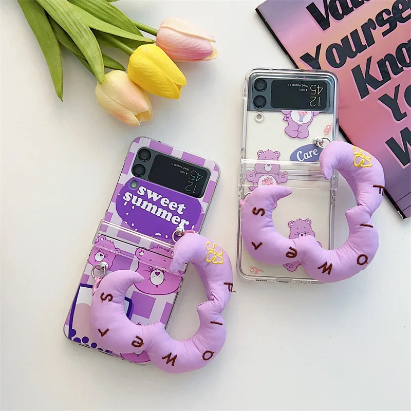 

Cartoon Flower Bear Phone Case with Cloud Pendant for Samsung Galaxy Z Flip 4 3 Hard Cover for ZFlip3 Zflip4 Solid Shell Bracket