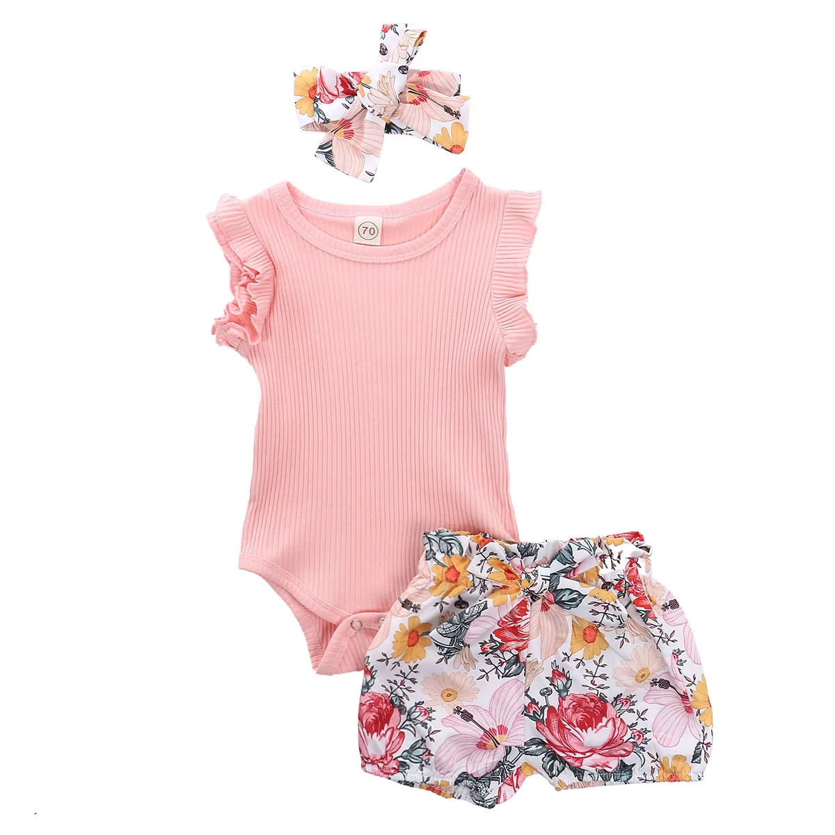 

Модный наряд для маленьких девочек, Летний милый однотонный комбинезон без рукавов + шорты с цветочным принтом + комплект головных уборов с ...