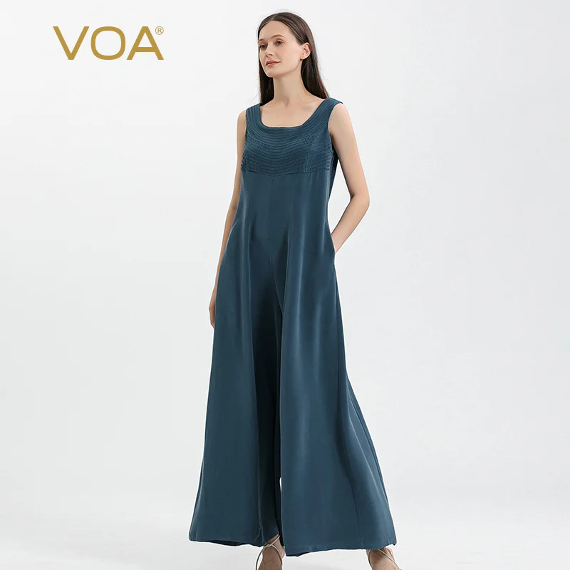 

VOA 30 Momme Heavyweight Mulberry Silk Tiffany Blue Round Neck Sleeveless Tuck Pleated Silk Wide One-piece Wide-leg Pants KE712