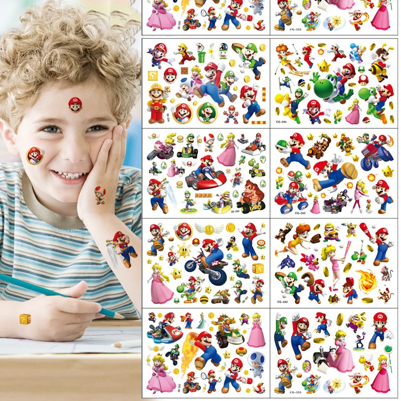 

Super Mario Bros Game Original Tattoo Stickers Mario Luigi Yoshi Toys Cartoon Printed Peach Toad Donkey Kong Kids Anime Stickers