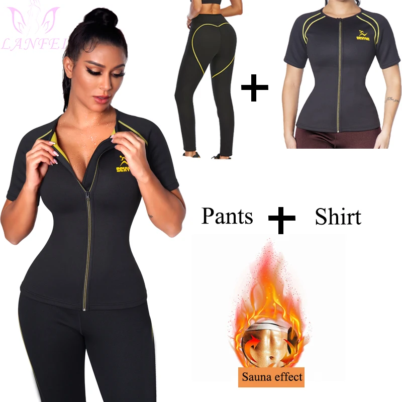 

LANFEI Women Waist Trainer Sauna Pants Neoprene Sauna Shirt for Weight Loss Fat Burning Sweat Thermal Suits Shapewear Set