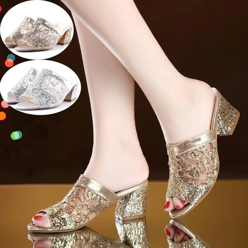 

Woman Summer Sandals Gold Open Toe Sandal Lace Dress Shoes Womens High Heels Sandals Square Heeled Pumps Ladies Shoes