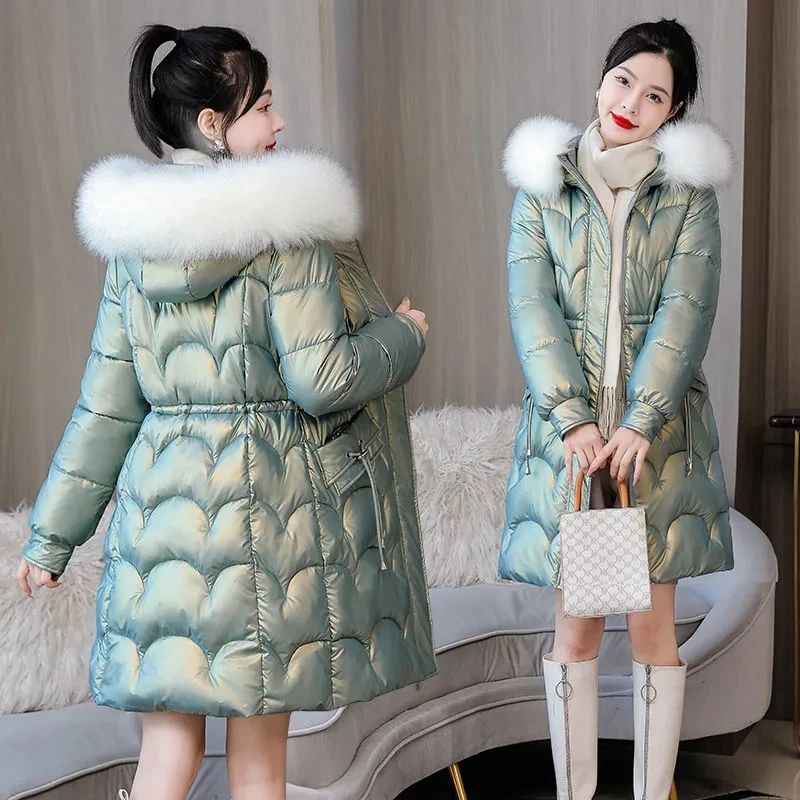 

Thicken parka large fur collar hooded glossy coat women's 2022 new winter slim down cotton snow jacket female warm long overcoat