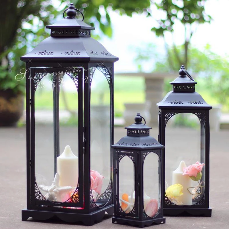 

Candlestick Iron Windbreak Candle Lantern Outdoor Glass Candle Holders Garden Christmas Courtyard Portavelas Home Wedding