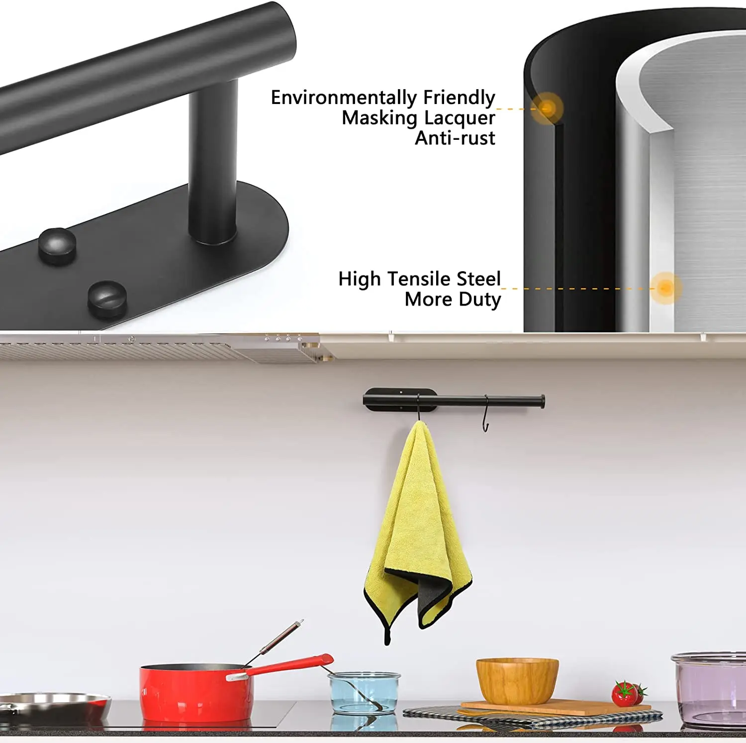

2Pcs Black Paper Towel Holder Under Rack for Kitchen/Bathroom Hanging Paper/Towel Available in Self Adhesive and Screw Mount