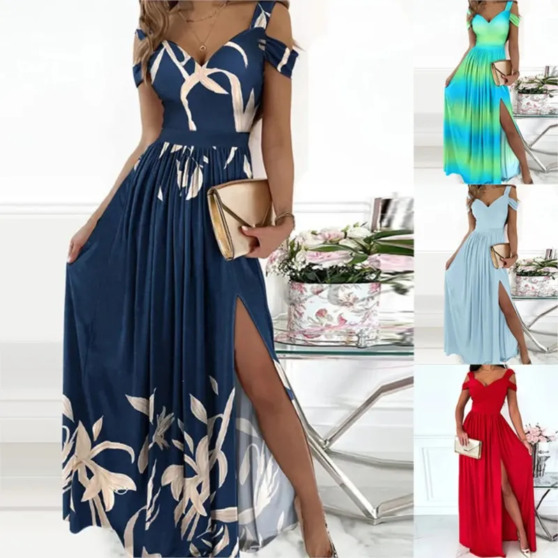 

Women's Printed V-neck Sleeveless Sexy Split Maxi Dress Summer Vestido Bohemio Mujer 2023 Robe Ete Femme Party Bodycon Dresses