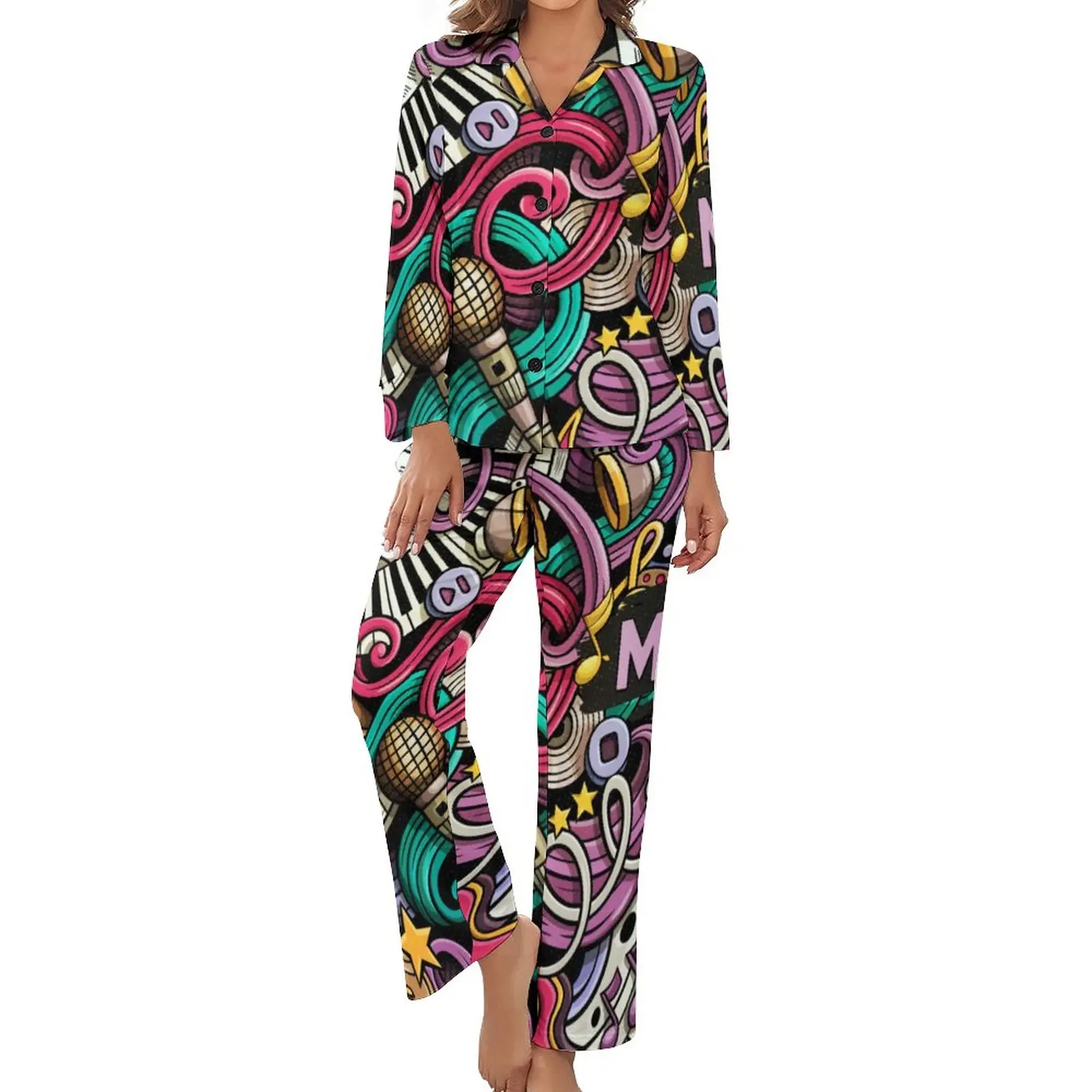 

Пижама с абстрактным изображением музыки, пижама с длинным рукавом и разноцветным принтом, повседневные пижамные комплекты из двух предметов, весенние женские пижамы с V-образным вырезом