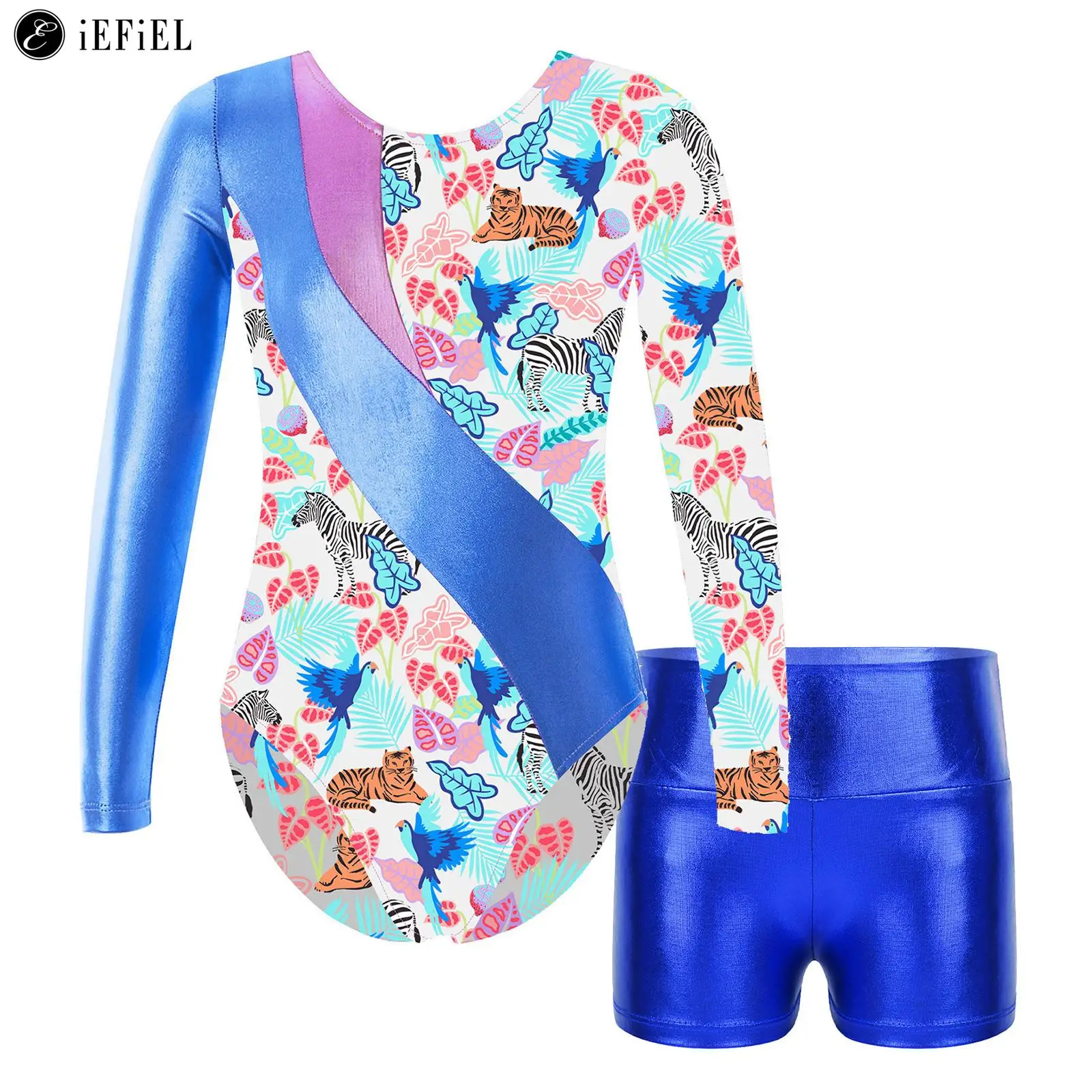 

Kids Girls Butterfly Print Gymnastics Dance Outfit Long Sleeve Leotard with Shorts for Ballet Tumbling Workout Unitard Biketard