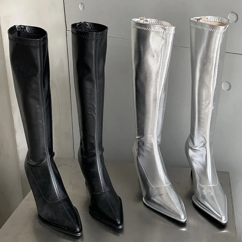 

Fashion Zippers Long Knee High Boots For Ladies 2022 Outdoor Female Casual Heels Shoes Pointed Toe Women Modern Boots