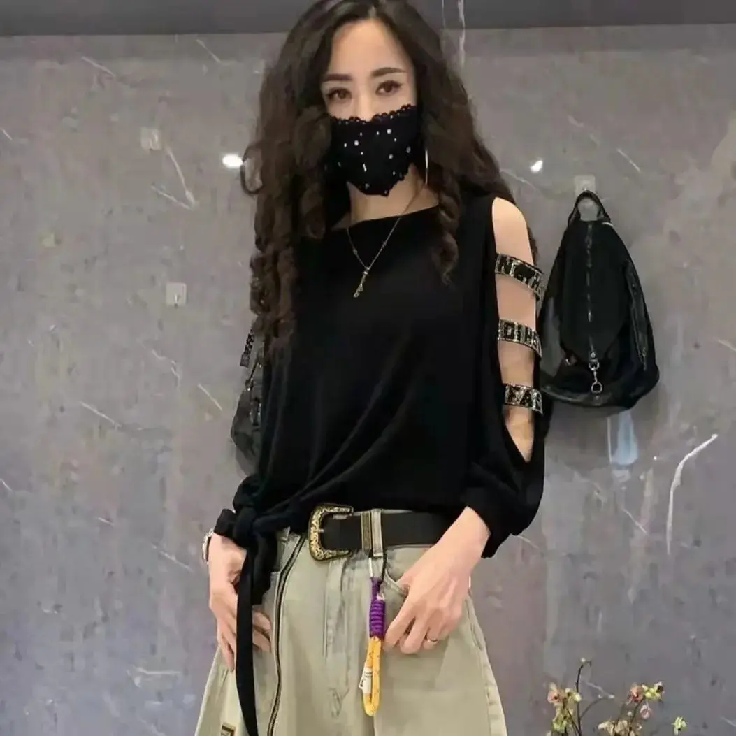 

Fashion European version long-sleeved T-shirt women's 2022 spring new Korean version loose hot drill strapless design top