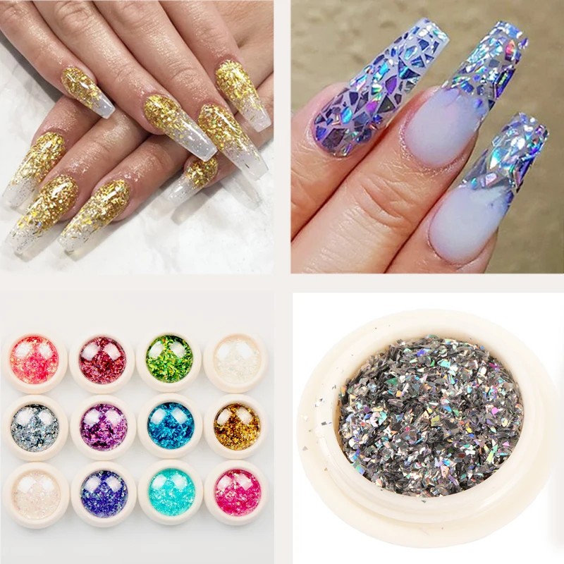 

1 коробка голографический блестящий для ногтей нерегулярные блестки Лазерная Серебряная оболочка хлопья зеркало с русалкой пайетки для по...