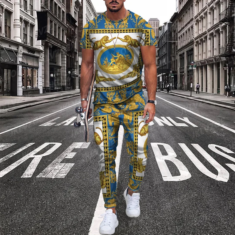 New Boutique Leopard Print Men’s Trousers Tracksuit 2 Piece Set Streetwear Short Sleeve T Shirt+Long Pants Clothes Male Clothing