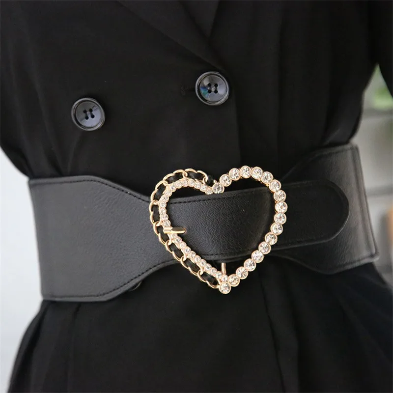 

Fashion Elastic Wide Belt For Women Rhinestone Heart Buckle Waist Straps Luxury Designer Brand Coat Dress Decorative Waistband