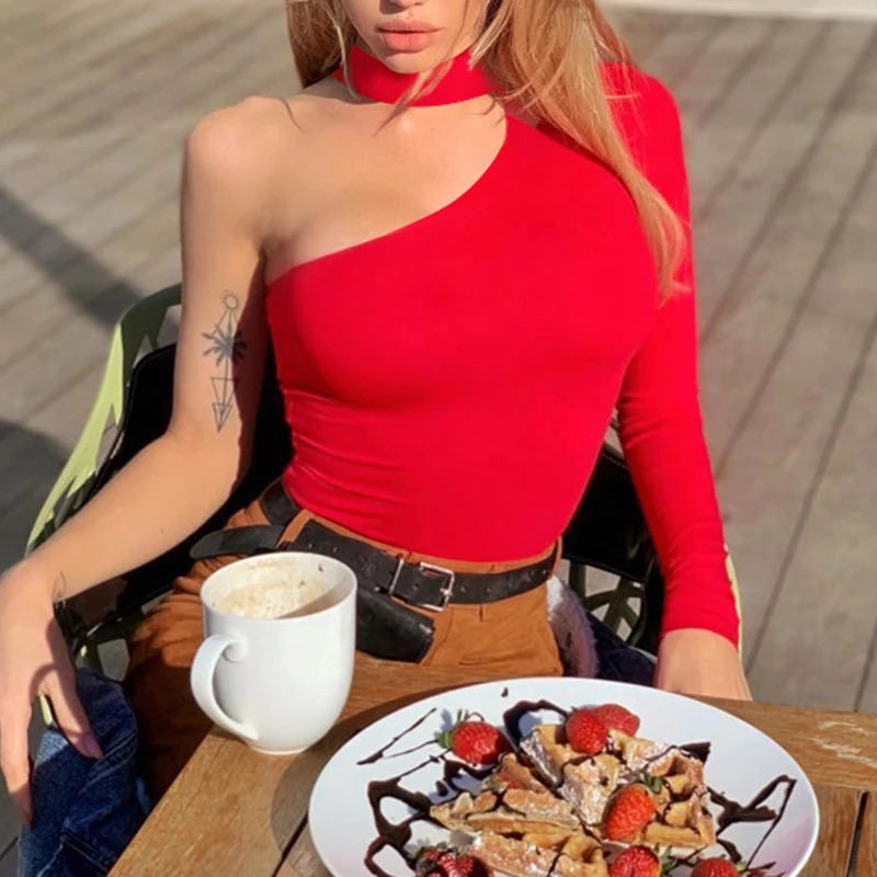 Боди женское на одно плечо с длинным рукавом красный черный белый |