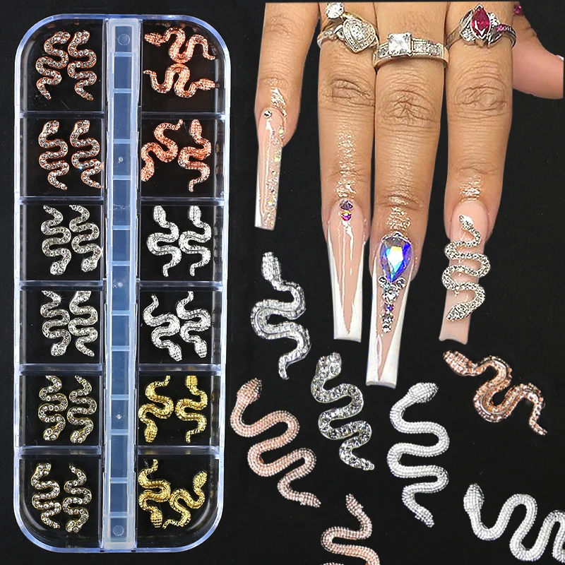 

3D Metal Snake Nail Charms Nail Accessories Alloy Gold Silver Snakes Nail Rhinestones Manicure Luxury Nail Art Decorations
