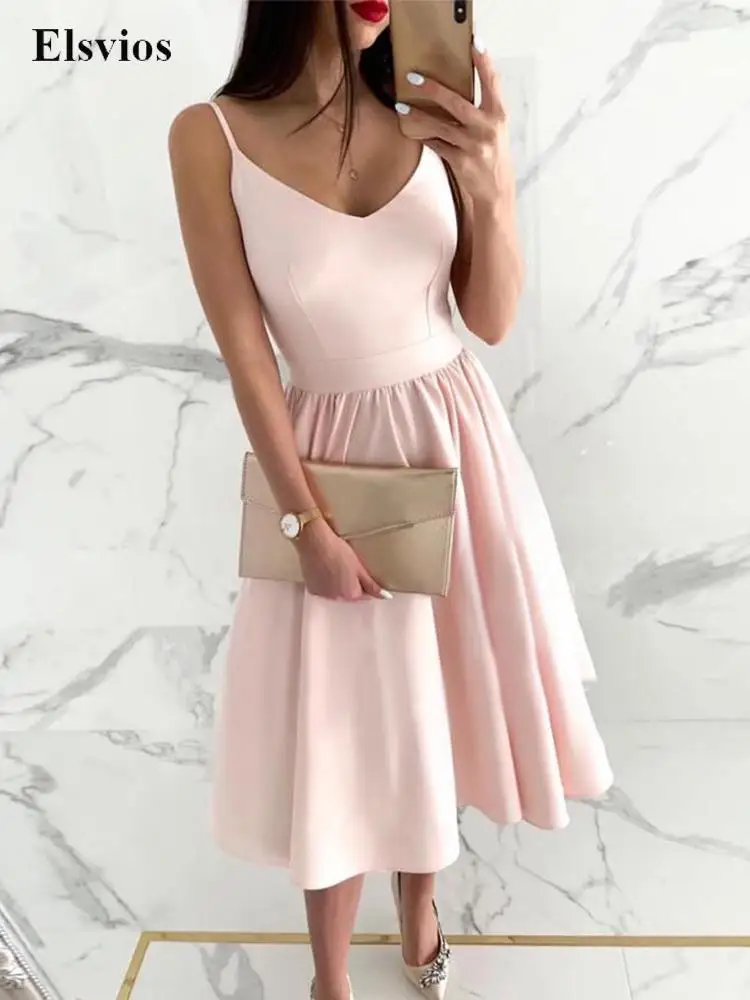 

Женское простое модное розовое платье-трапеция на бретельках, привлекательное офисное платье с V-образным вырезом для вечеринки, элегантно...