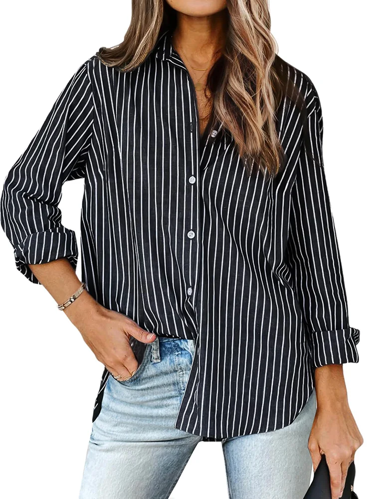 Рубашка женская с длинным рукавом Повседневная блуза принтом в полоску