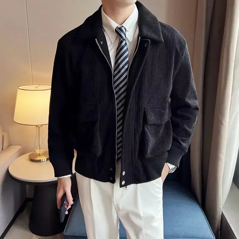 Вельветовая мужская куртка корейская мода отложной воротник приталенная