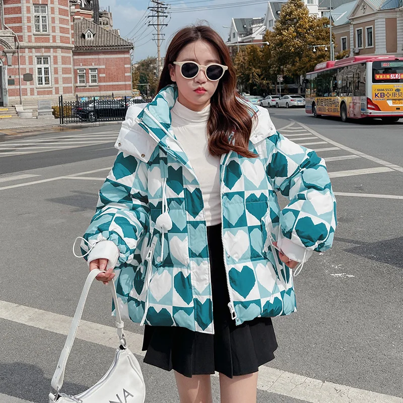 Winter Women's New 2022 Down Cotton Jacket Ladies Korean Version Loose Thickening Hooded Print Love Large Size Warm Winter Parka
