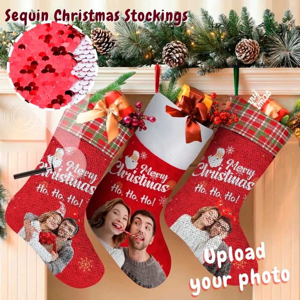 

M Yescustom Photo Socks Socks with Custom Photo Couple Red Background Merry Christmas Socks Personalized Christmas Sequin Socks