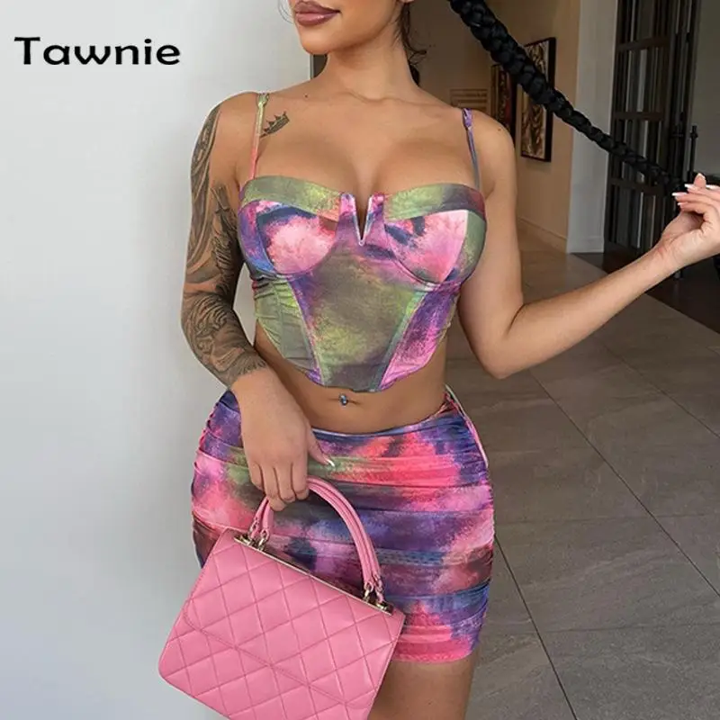 

Tawnie Print Dress Set Women 2023 Summer Spaghetti Strap Backless Corset Crop Top Mini Bodycon Skirt 2 Piece Set Sexy Outfits
