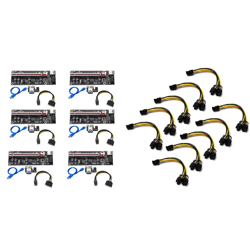 

6 шт., Райзер-карта VER009S PCI-E, 1X до 16X с 8-контактным разъемом PCI Express на Dual PCIE 8(6 + 2), разветвитель кабеля питания