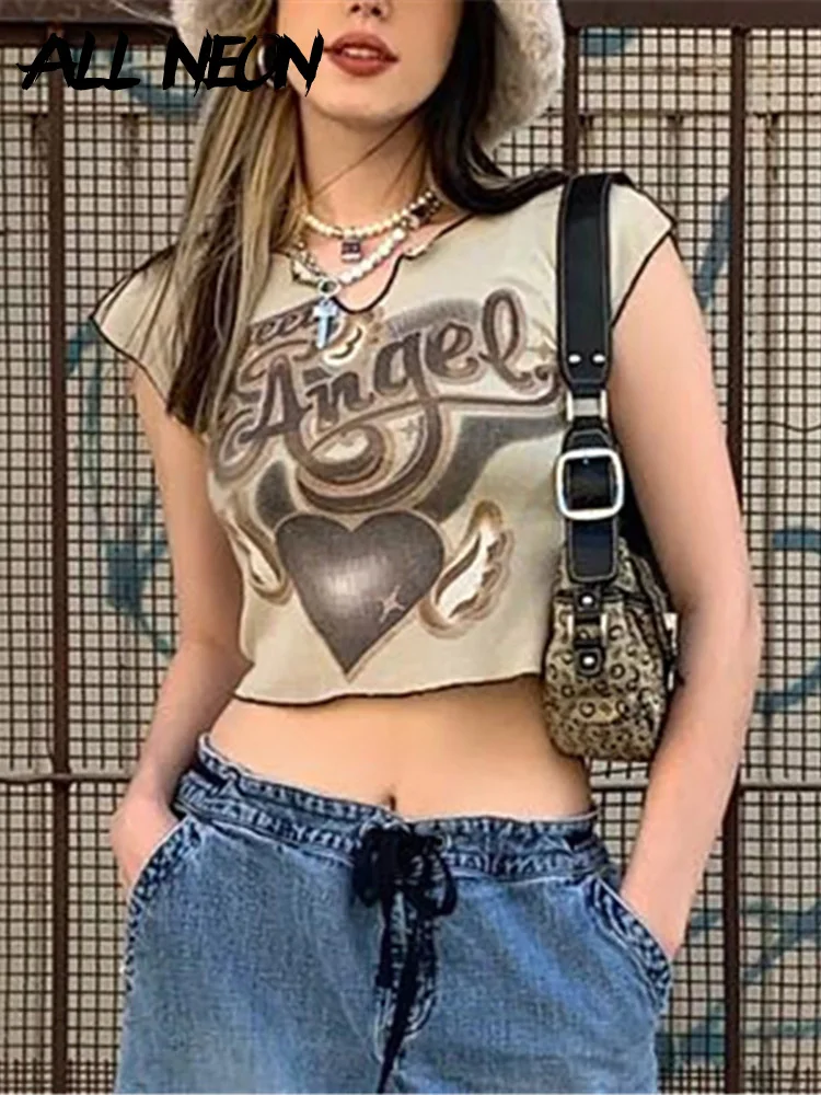 

ALLNeon Y2K Grunge Punk Letter and Heart Print Khaki Crop Tops 90s Streetwear O-neck Lettuce Trim Short Sleeve Indie T-shirts