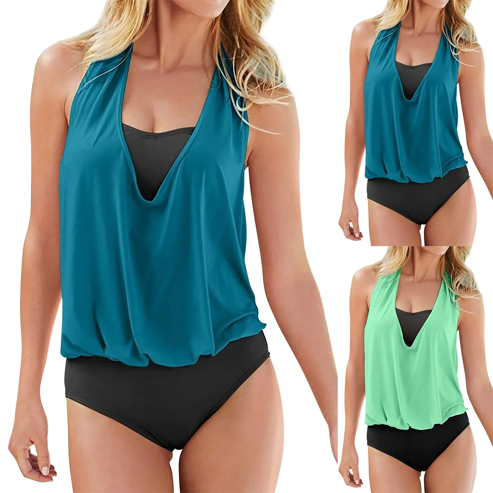 

Женский однотонный винтажный купальник-танкини с V-образным вырезом и открытой спиной, купальник из 3 предметов, купальник для женщин с шортами